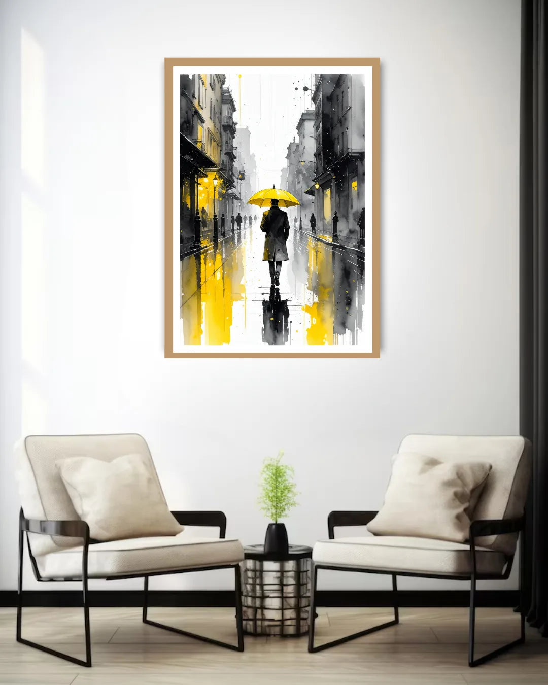 rainy street umbrella painting displayed in stylish home interior