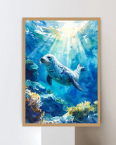Framed Blue Sea Turtle Underwater Canvas Print for Home Decor