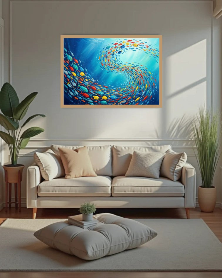 Framed underwater fish canvas painting showcased above a sofa in a stylish modern living room