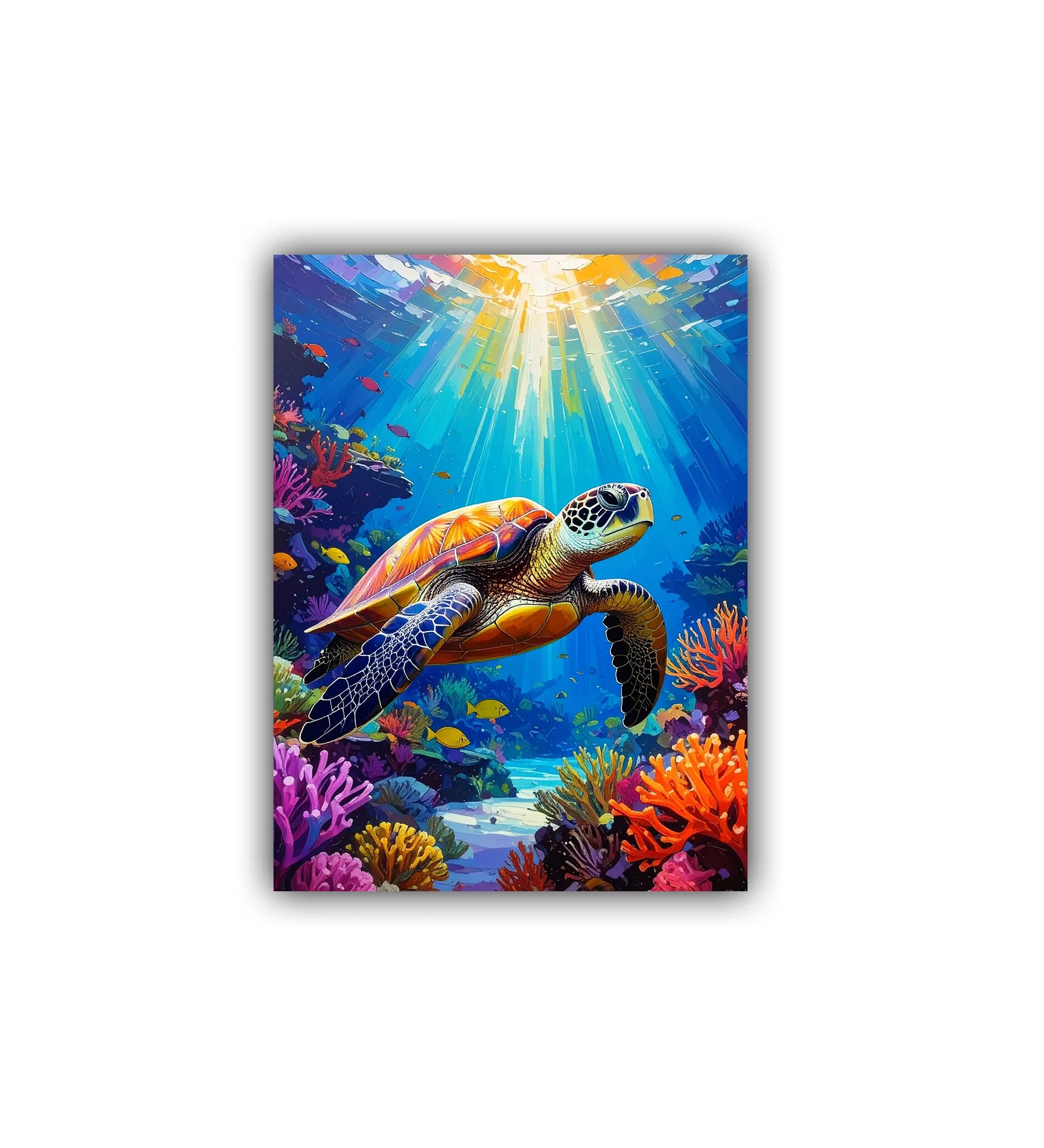 close-up of colorful underwater sea turtle canvas painting with vibrant details