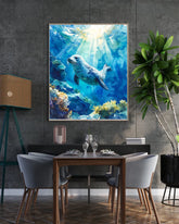 Dining room with a large framed underwater scene painting of a seal.