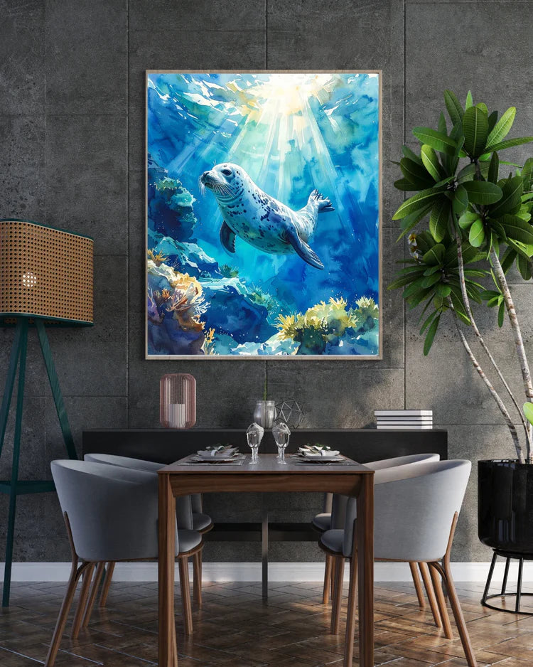 Dining room with a large framed underwater scene painting of a seal.