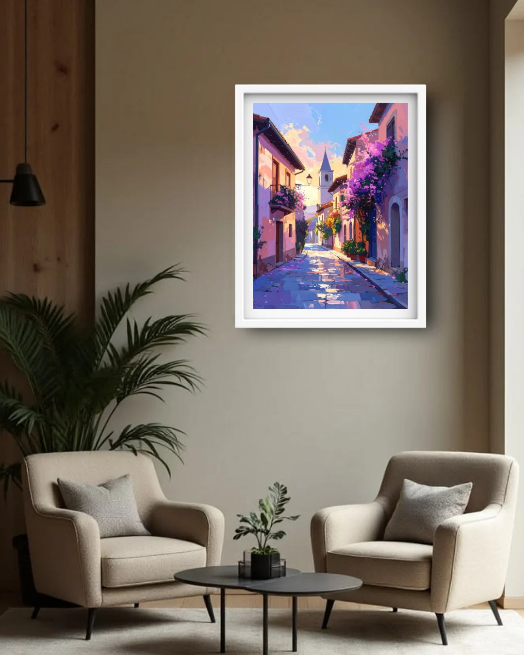 vibrant neon street painting displayed above sofa in stylish home