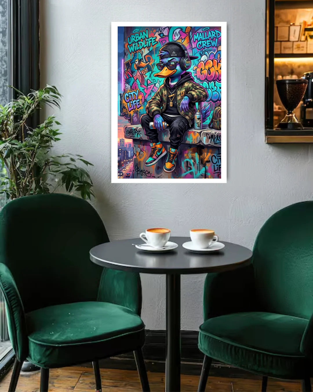 graffiti soldier painting displayed in stylish home interior