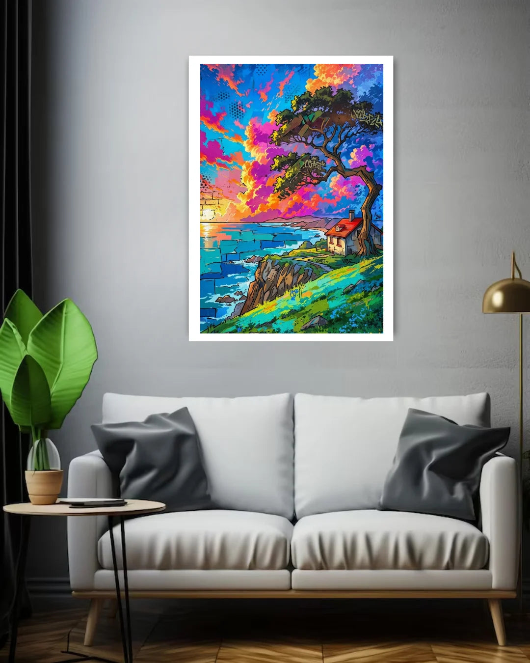 abstract colorful tree painting displayed in stylish home interior