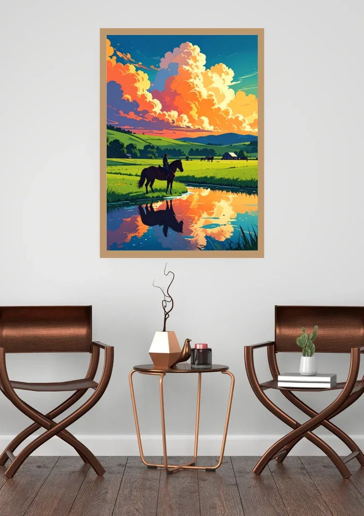 A framed art print depicting a vibrant sunset landscape with a horse standing in a reflective pond, displayed on a light gray wall above a small side table between two wooden chairs.