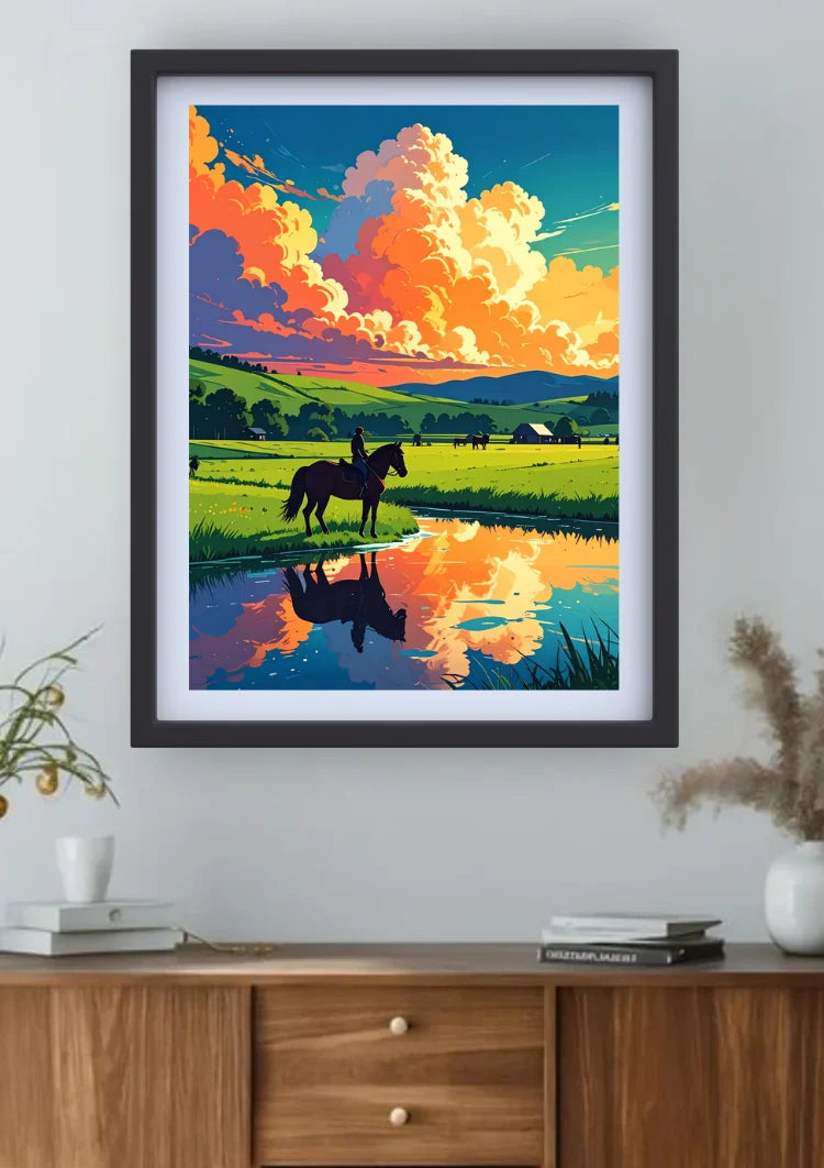 A framed art print depicting a vibrant sunset landscape with a horse rider on a green field, reflected in a pond, displayed on a light gray wall above a wooden console table.