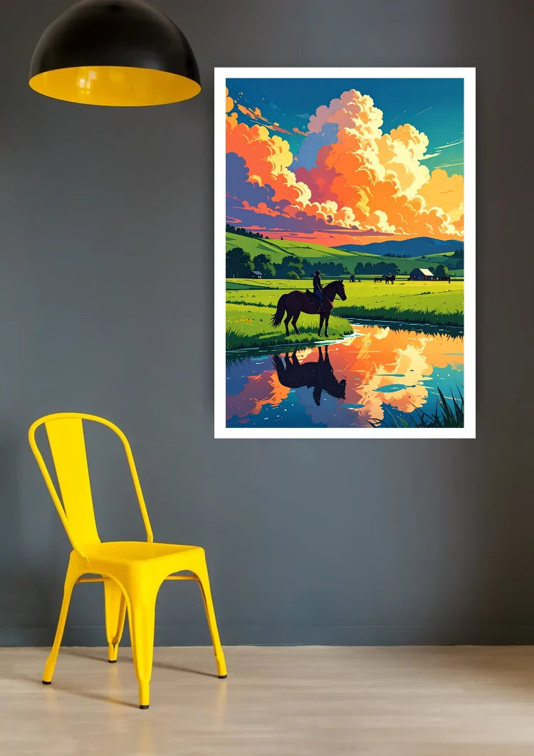 A framed art print depicting a vibrant landscape with a rider on a horse, colorful clouds, and a reflective pond, displayed on a dark gray wall above a yellow chair.
