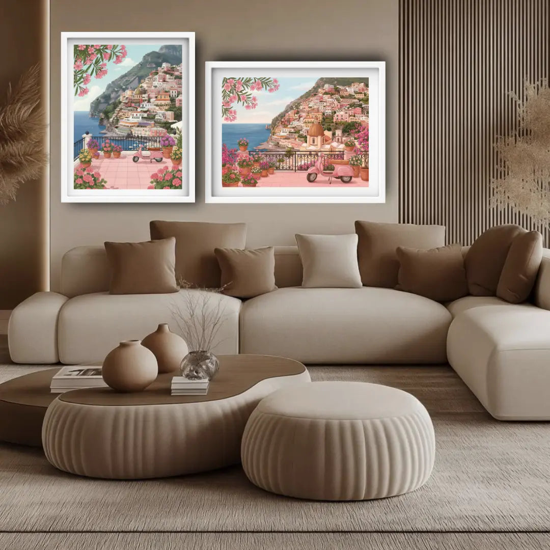 Colorful seaside village illustration canvas painting
