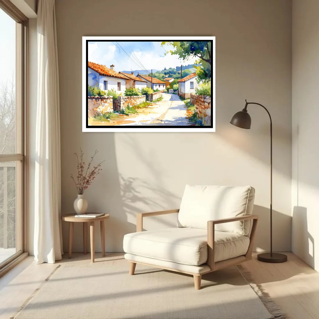 Living room with a white armchair, side table, and framed painting of a village scene.