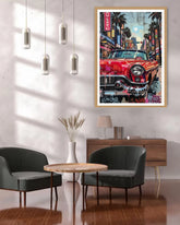 vintage red car canvas wall art in cafe style interior setup