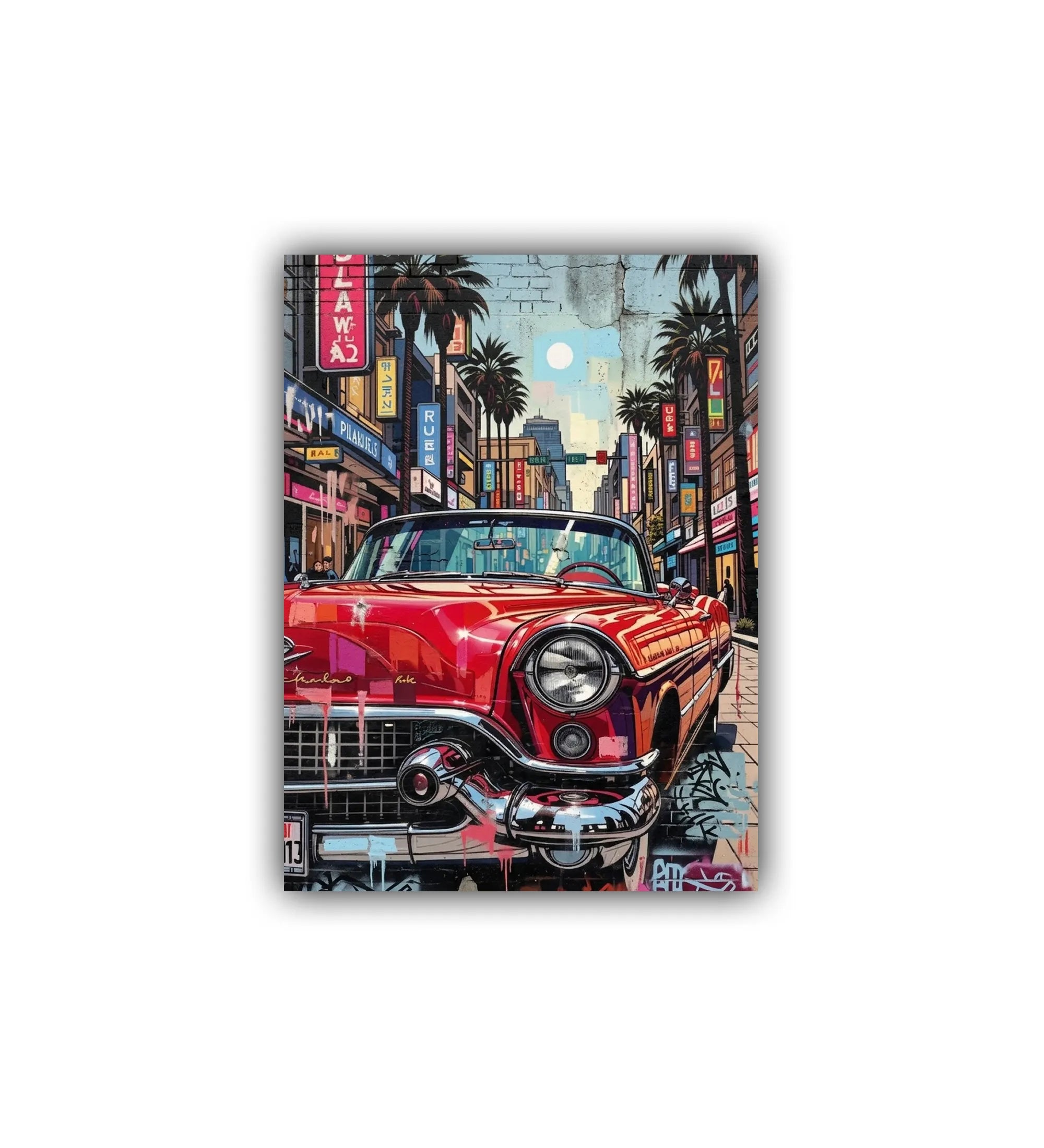 vintage red car wall art canvas retro city painting isolated view