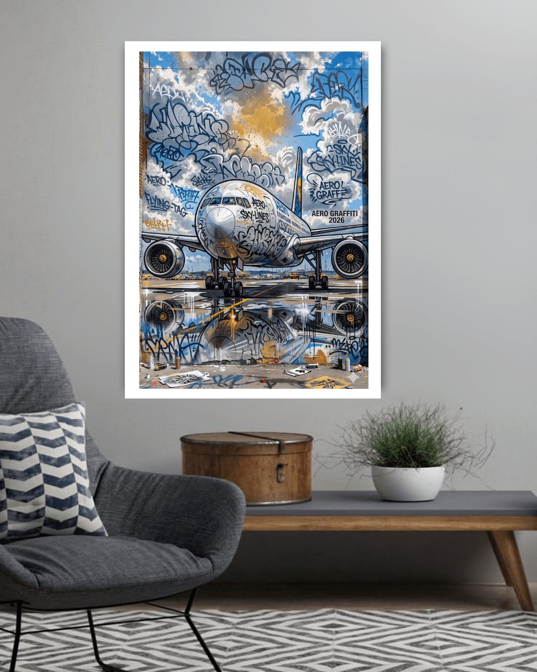 vintage airplane wall art canvas in modern living room decor