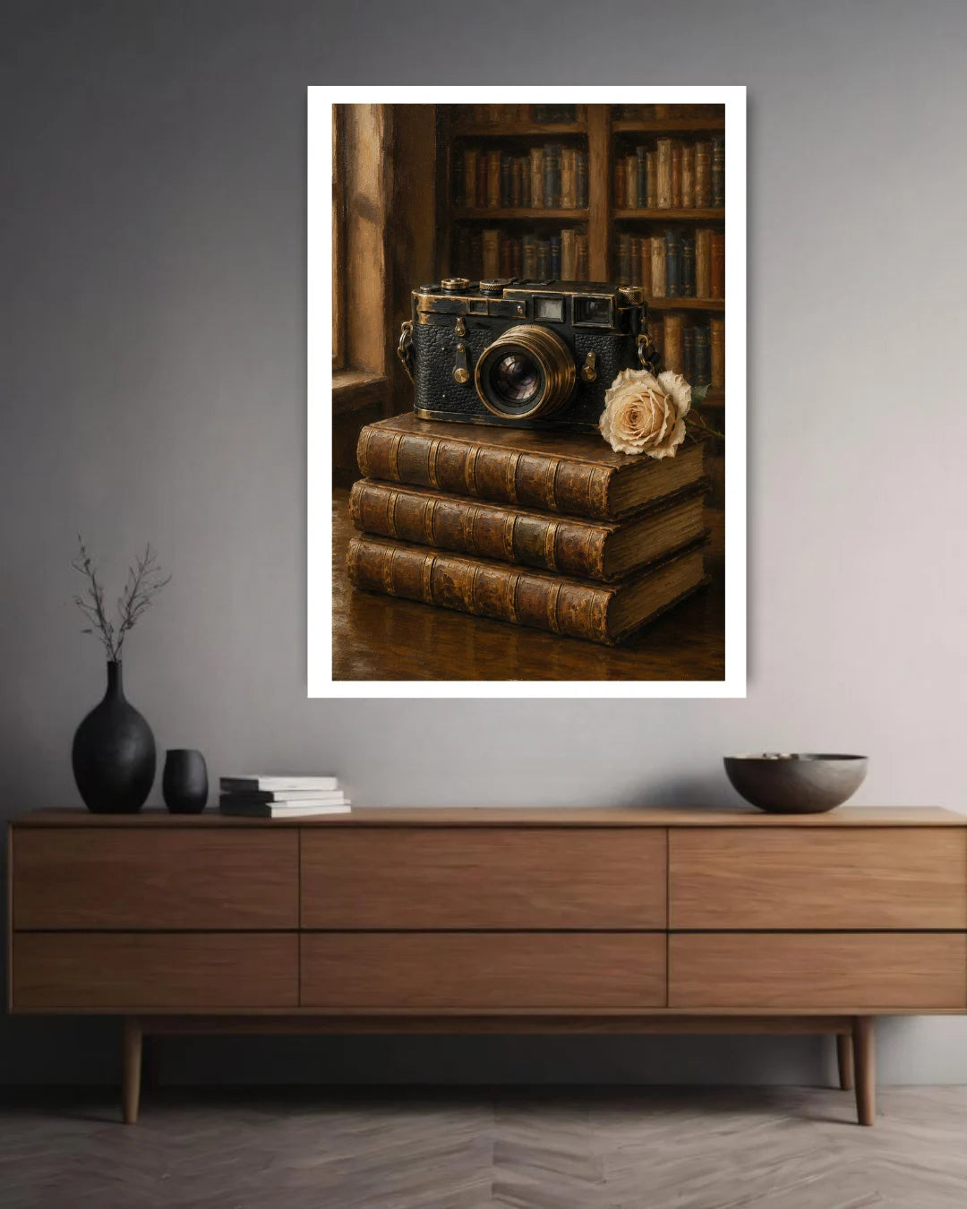 vintage camera wall art canvas in modern living room decor