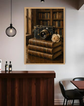 vintage camera painting wall art with library background