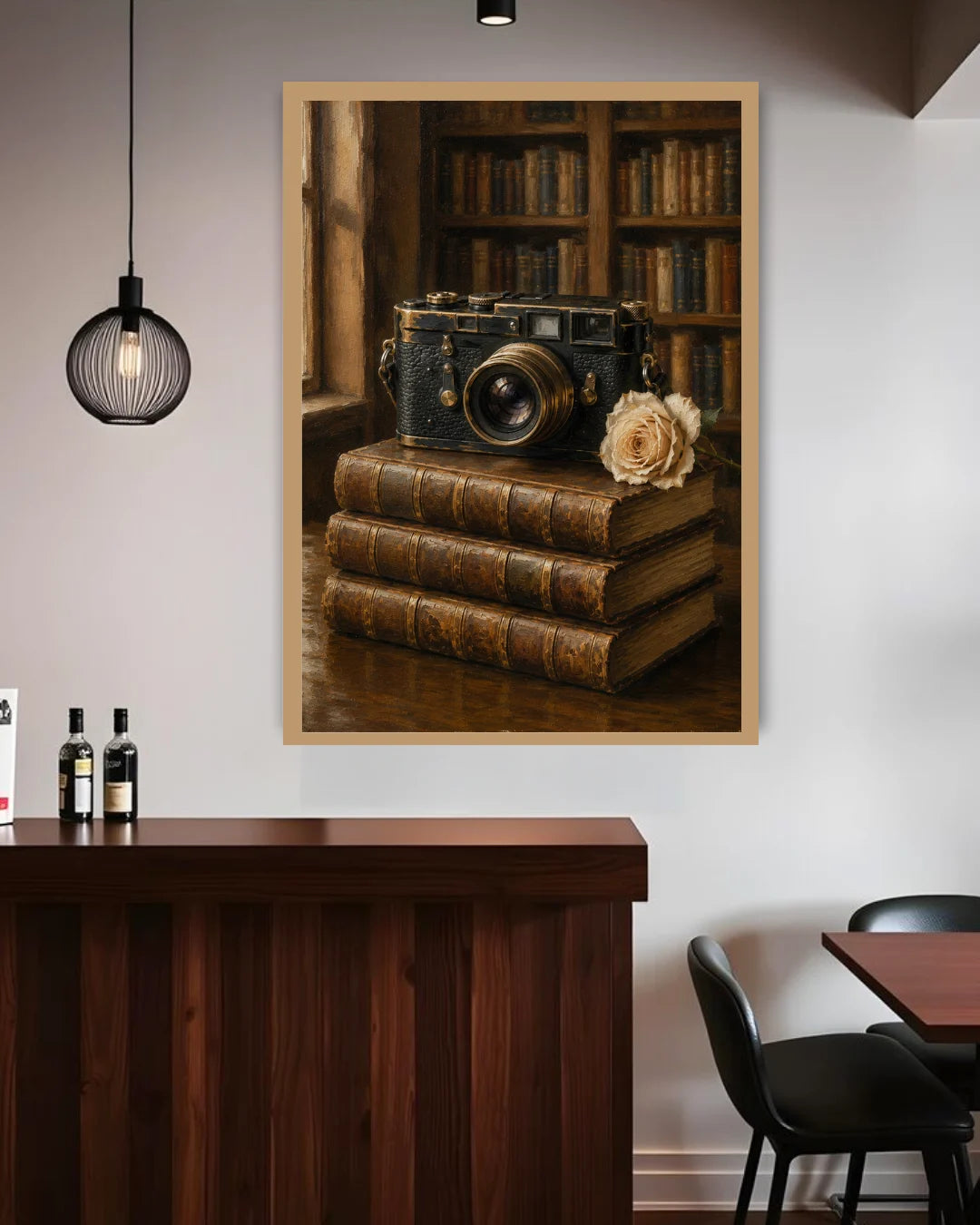 vintage camera painting wall art with library background