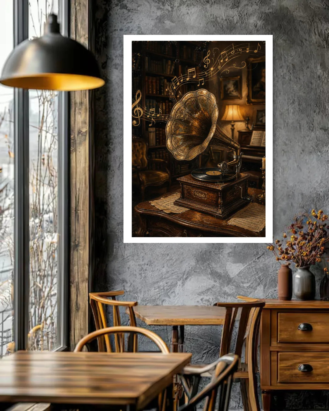 vintage gramophone wall art canvas in modern living room decor