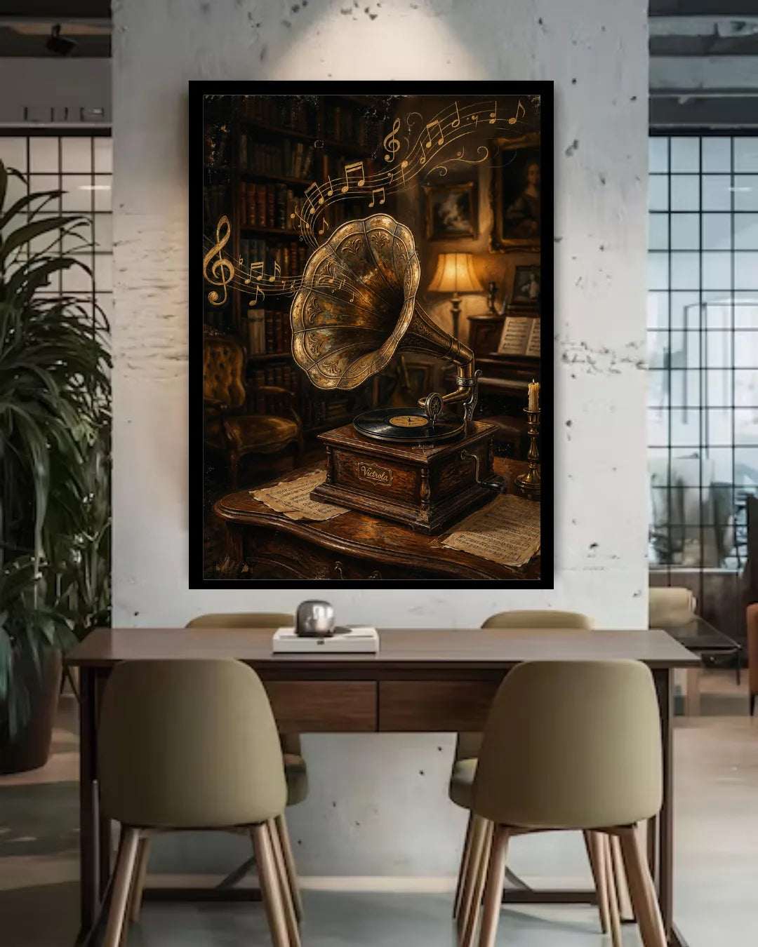 gramophone and books wall art canvas design