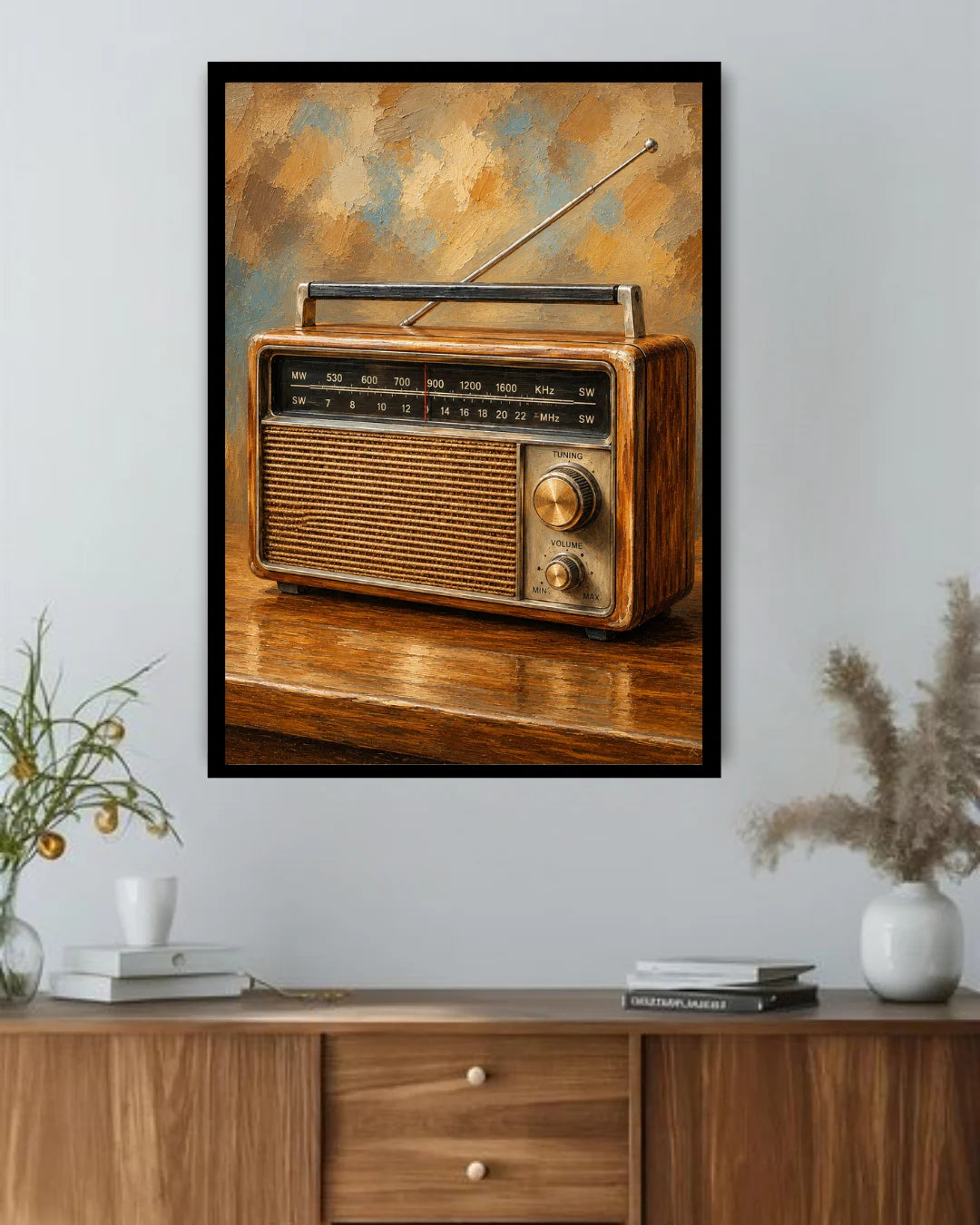 classic radio wall art canvas with wooden finish