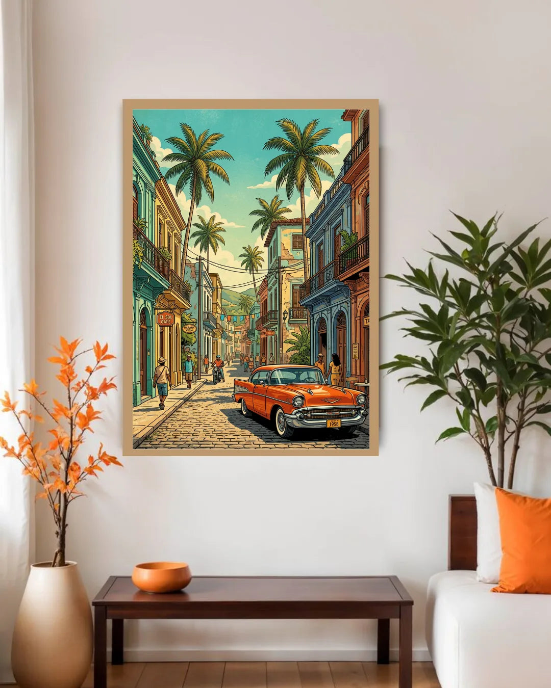vintage street car wall art canvas in modern living room decor