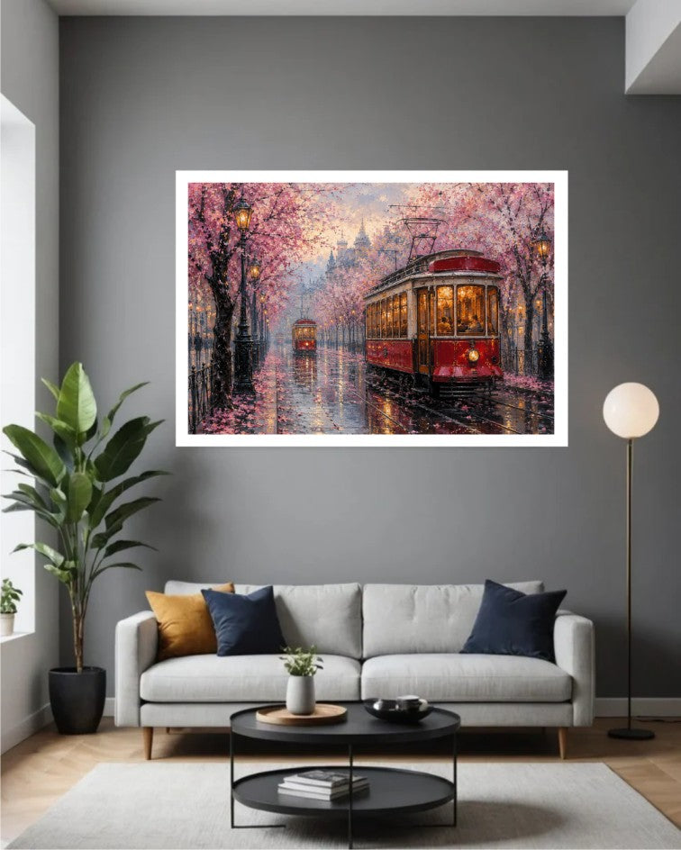 A framed art print depicting a red streetcar on a wet canal lined with pink cherry blossoms, displayed on a dark gray wall above a modern light gray sofa in a styled living room.