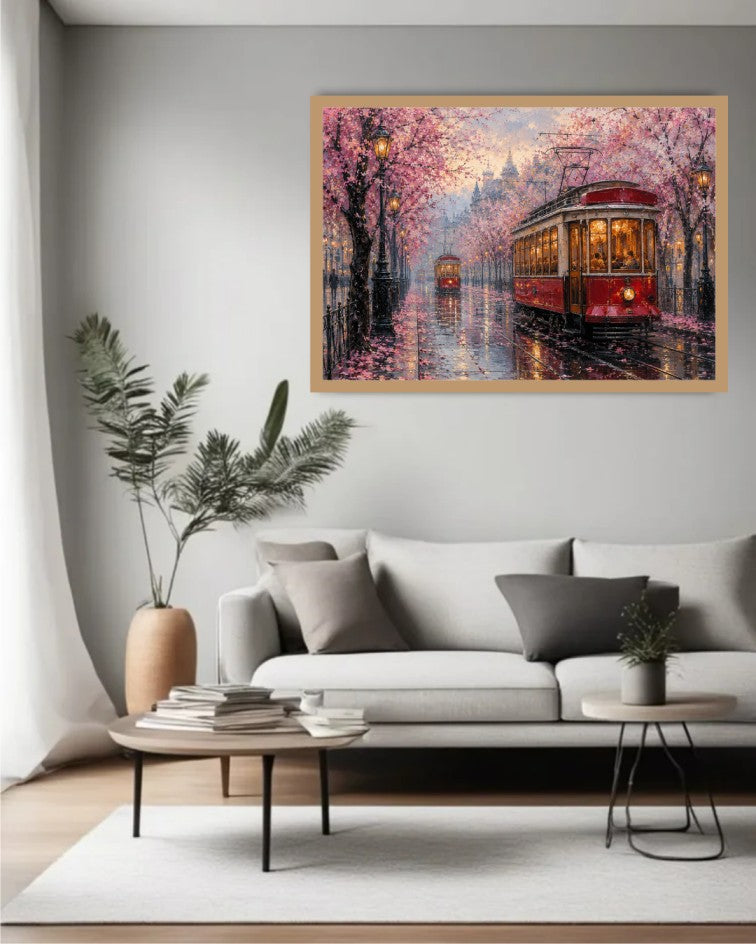 A framed canvas painting of a red streetcar on a wet canal lined with pink cherry blossom trees, displayed on a light gray wall above a modern white sofa in a styled living room.