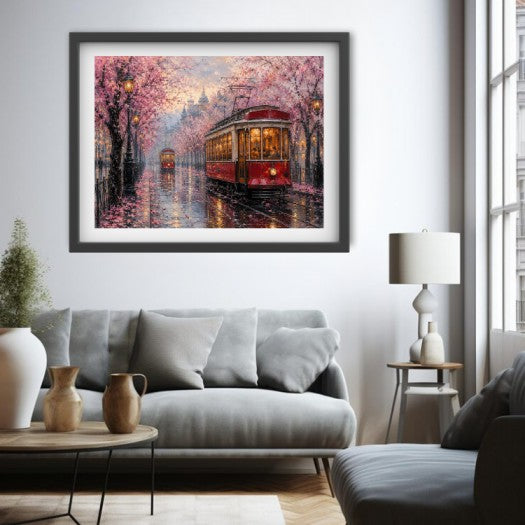 A framed art print depicting a vintage red streetcar traveling through a pink cherry blossom-lined city street, displayed on a light gray wall above a modern gray sofa in a styled living room.