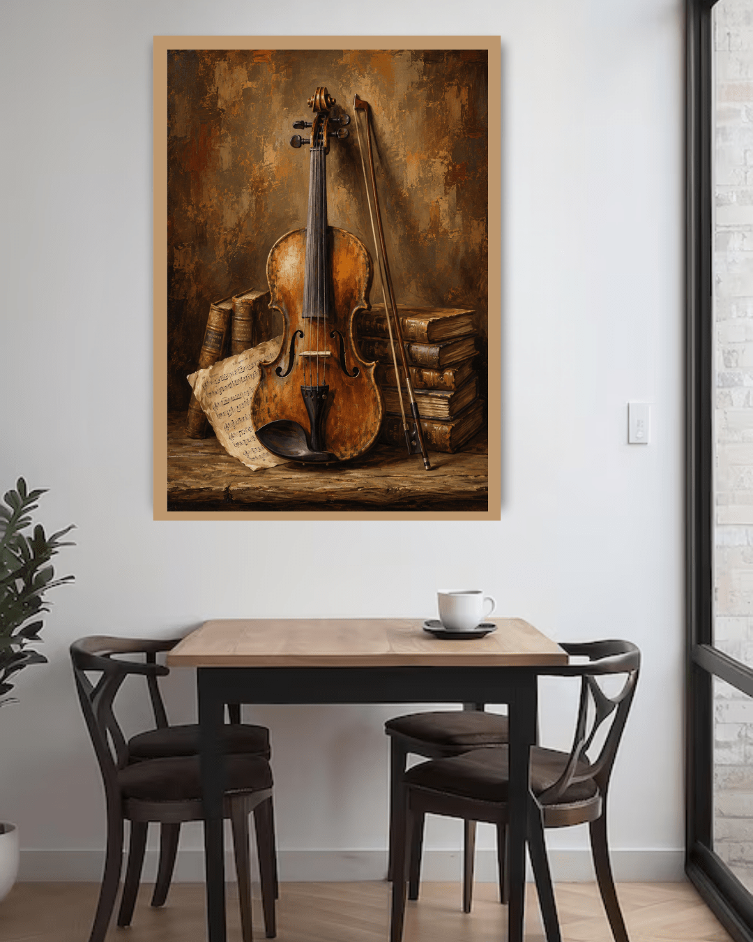 vintage violin wall art canvas in modern dining room decor