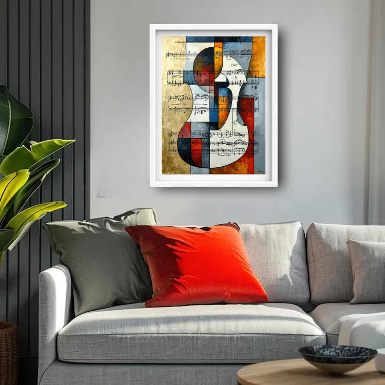 A framed abstract wall art print featuring a stylized violin design over susiheet mc, displayed above a modern gray sofa with red and green pillows in a living room setting.