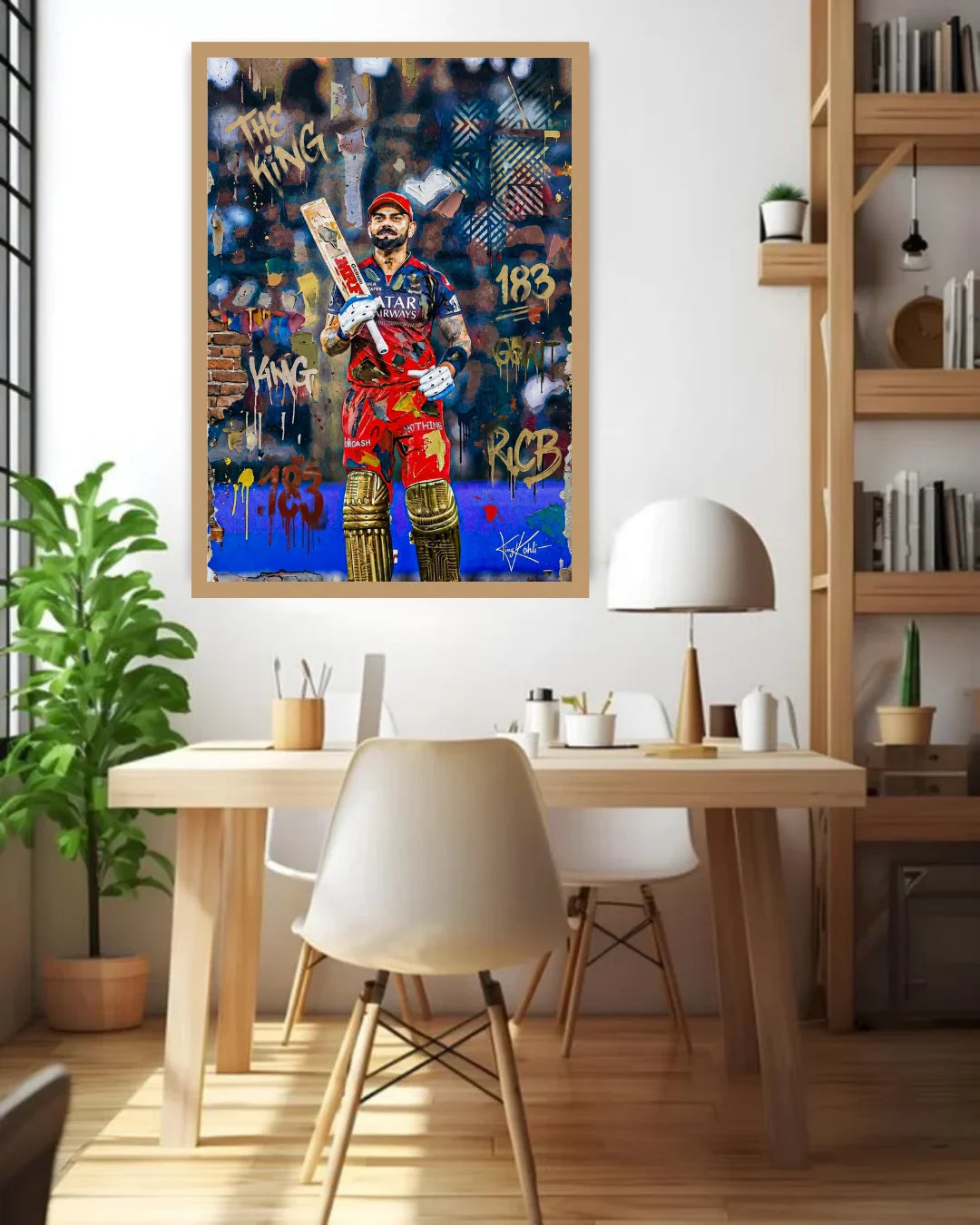 Dining room with a colorful framed artwork on the wall, a table, chairs, and decor items.