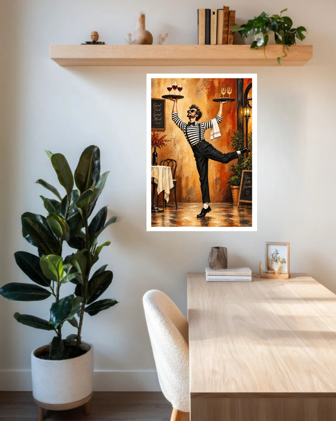 A framed art print featuring a cartoon waiter in a restaurant, displayed on a white wall above a wooden desk in a styled room with a potted plant and shelf.