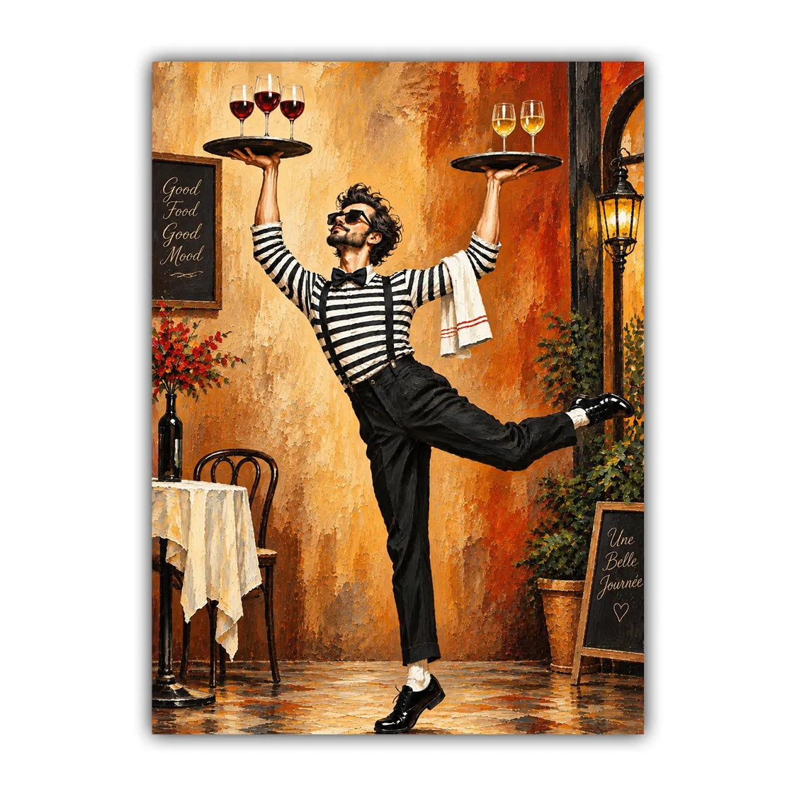 A vertical canvas wall art print depicting a whimsical, stylized illustration of a waiter in a restaurant. The waiter is wearing a black and white striped shirt, black trousers, sunglasses, and is balancing two silver trays on his head and shoulder, one with red wine and one with white wine.