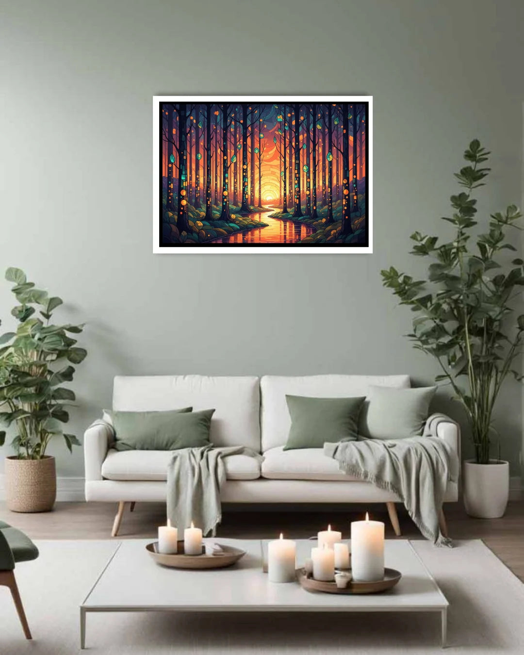 Living room with a couch, coffee table, and wall art of a forest sunset.