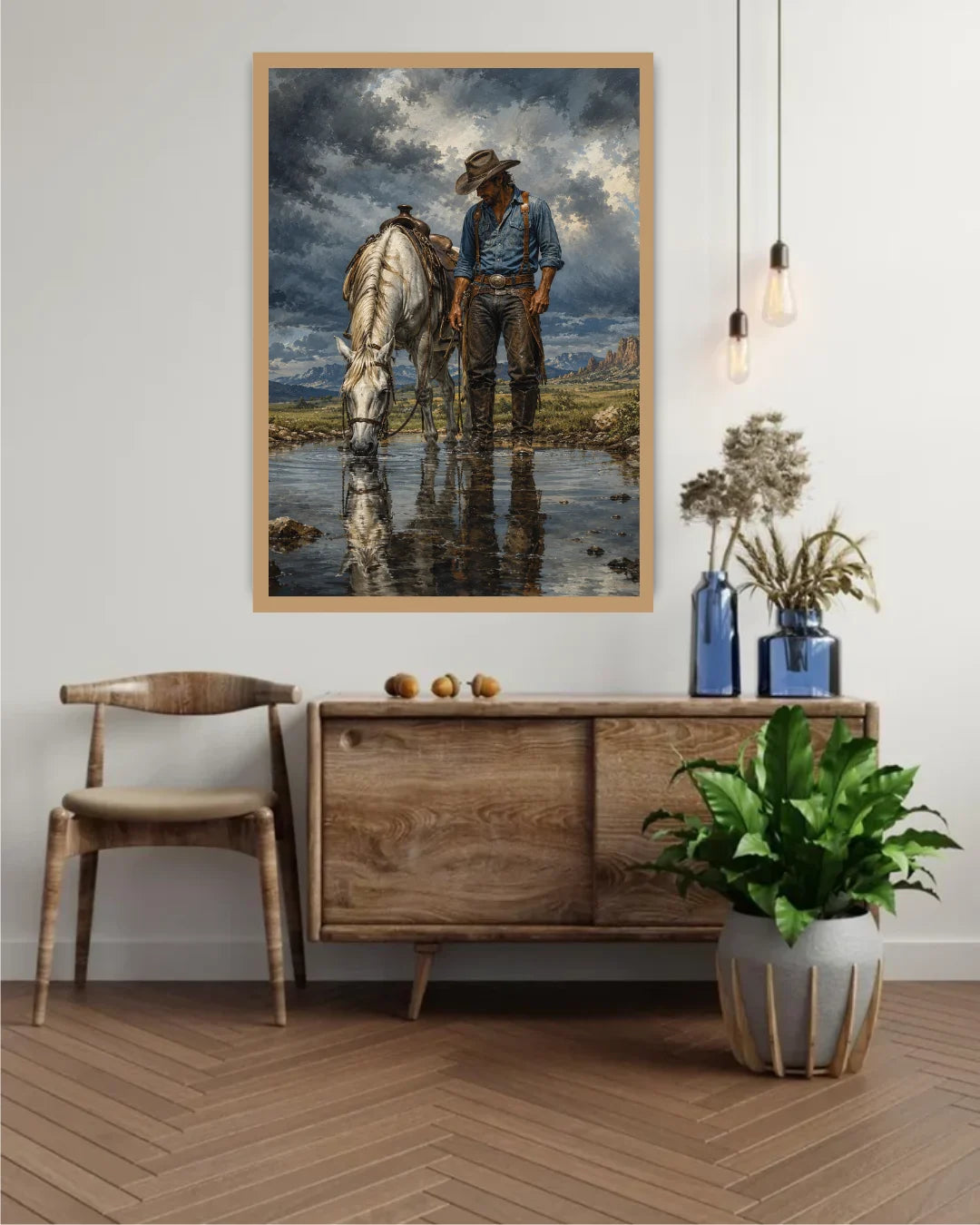Western cowboy with horse framed canvas print displayed above a wooden console table in a stylish home.
