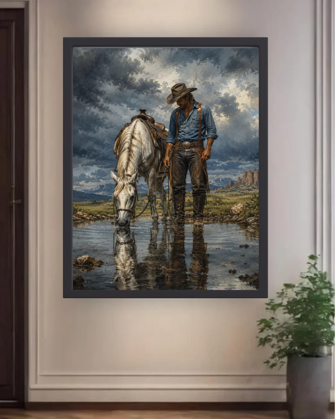 Premium cowboy with horse canvas wall art showcased in a modern neutral-toned interior.