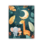 A vertical canvas wall art print featuring a whimsical cartoon jungle night scene with a crescent moon, stars, tropical leaves, an elephant, a giraffe, and a monkey on a dark teal background.