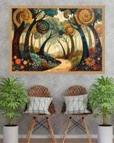 A framed art print depicting a whimsical forest path with spiral trees and colorful flowers, displayed on a textured gray wall above two woven chairs with potted plants.