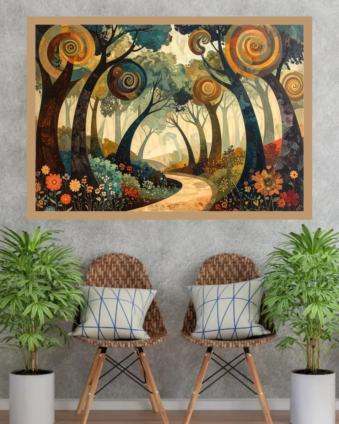 A framed art print depicting a whimsical forest path with spiral trees and colorful flowers, displayed on a textured gray wall above two woven chairs with potted plants.