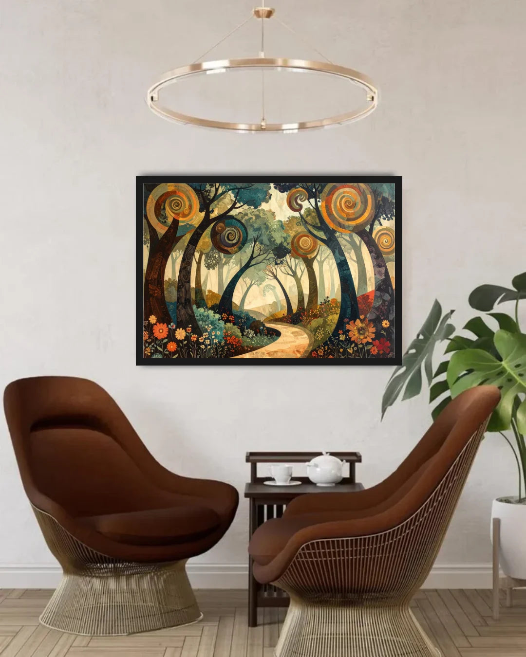 A framed art print depicting a whimsical forest with swirling trees and a winding path, displayed on a light beige wall in a modern living room setting with two brown chairs and a plant.