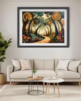 A framed art print depicting a whimsical, colorful forest path with spiral trees, displayed on a light beige wall above a modern beige sofa in a living room setting.