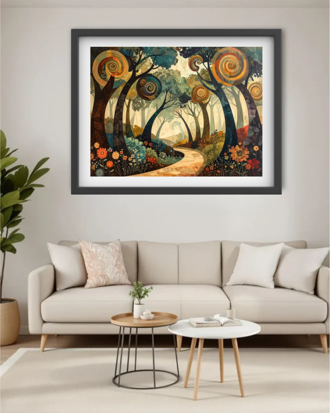 A framed art print depicting a whimsical, colorful forest path with spiral trees, displayed on a light beige wall above a modern beige sofa in a living room setting.
