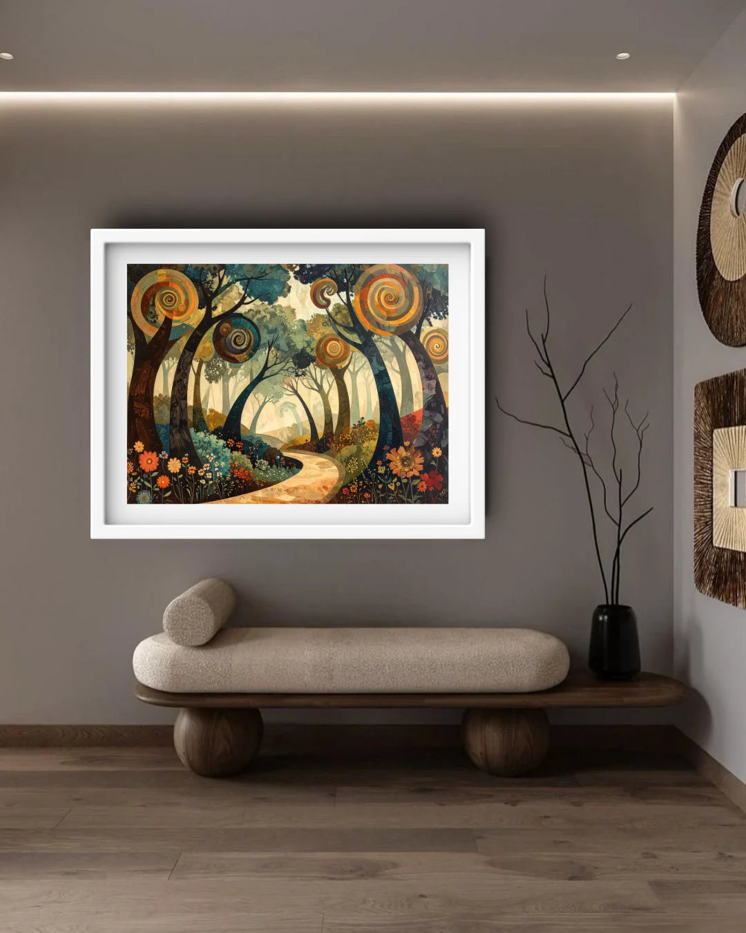 Abstract circular landscape canvas wall art in bedroom interior