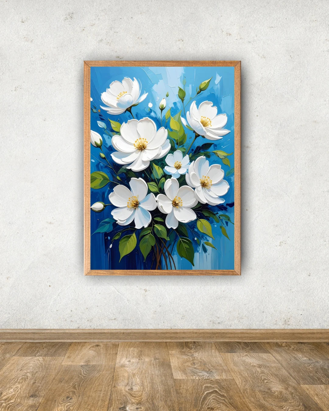 White floral wall art canvas hanging on a textured wall in a minimalist interior
