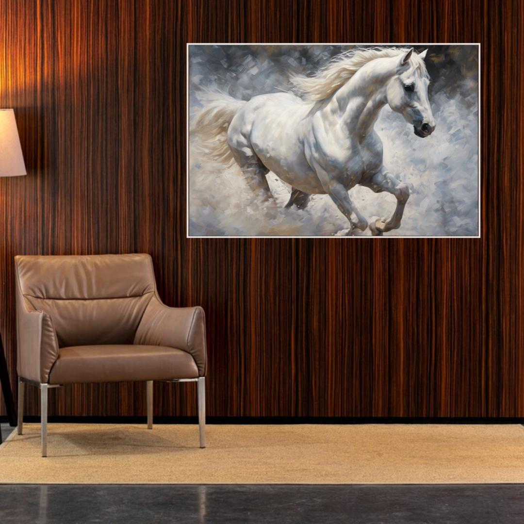 White running horse canvas wall art for modern interior decor