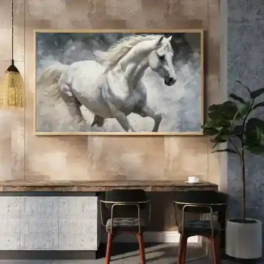 White running horse canvas wall art for modern interior decor