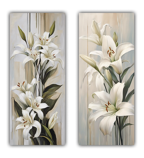 Close-up view of white lily floral wall art canvas set paintings
