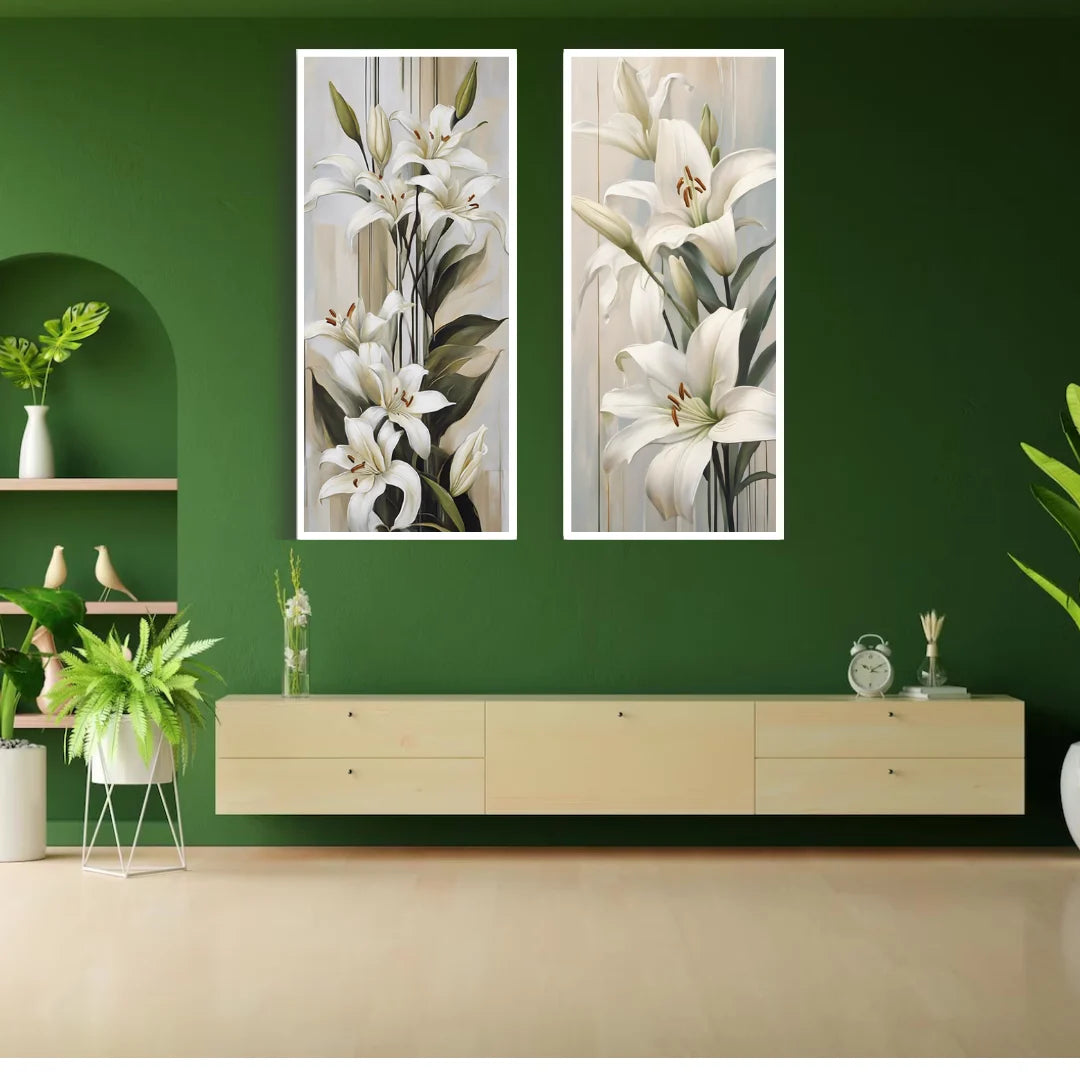 White lily floral wall art canvas set displayed on a green wall above a console unit
