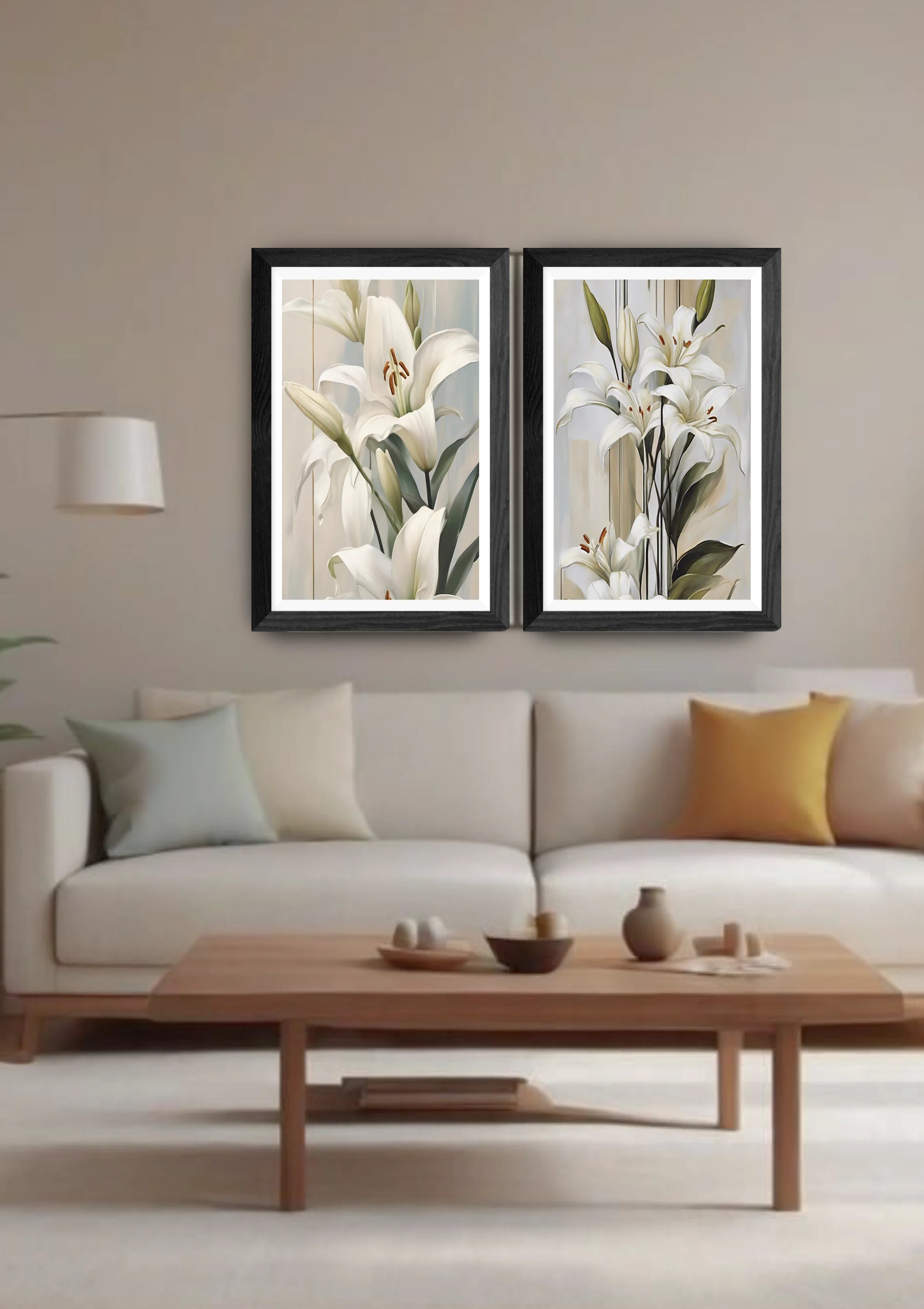 Neutral living room decorated with white lily floral wall art canvas set above sofa
