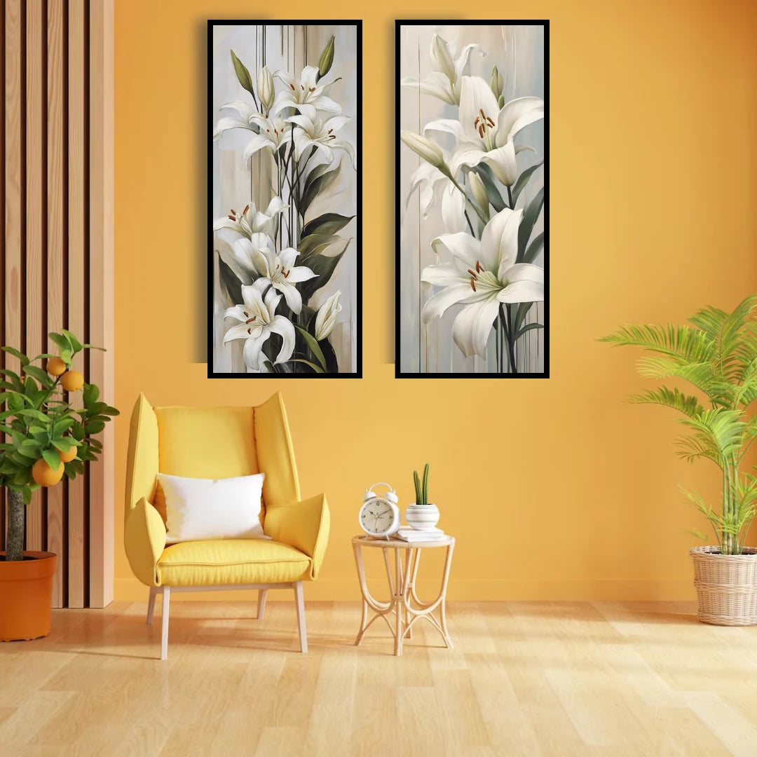 White lily floral wall art canvas set displayed on a yellow accent wall in a modern interior
