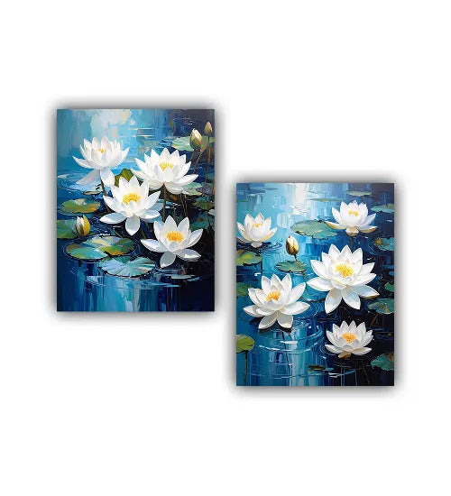 Close-up view of white lotus floral wall art canvas set paintings
